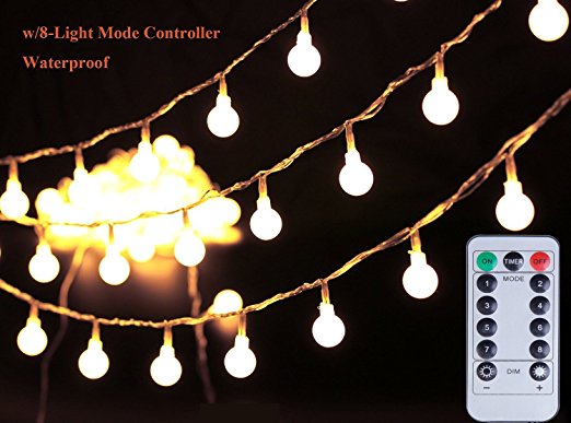 [Remote & Timer] 100 LED 36ft Ball LED String Lights 8 Modes UL Listed With Remote for Indoor/Outdoor Commercial Decor, Gardens, Patio, Wedding, Bedroom, Christmas Party Decoration, Warm White