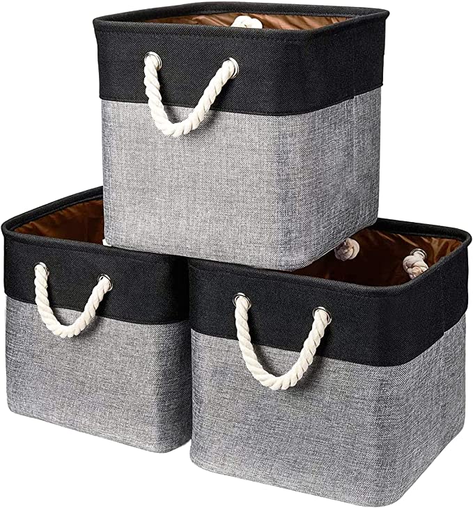 MEGACRA Storage Baskets 13 x 13 x 13 Foldable Storage for Closet Fabric Storage Bins for Shelves Decorative Storage Cubes with Sturdy Cotton Carry Handles for Home Closet Bedroom Nursery Organizer, Set of 3