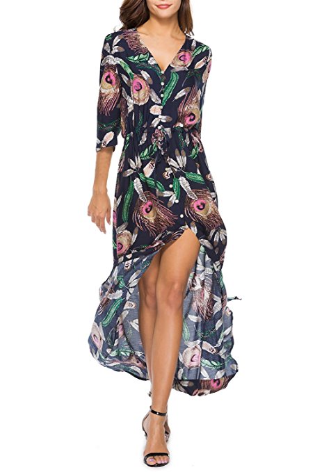 Demetory Women's Boho 3/4 Sleeve Botton up Split Floral Print Long Flowy Beach Maxi Dress
