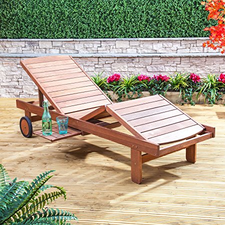 Adjustable Contoured Wooden Sun Lounger with Slide-In Tray