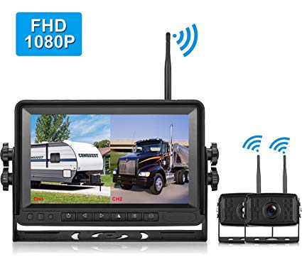 LeeKooLuu FHD1080P Digital Wireless Rear View Dual Camera, 7'' Monitor IP69K Waterproof Color Night Vision High-Speed Observation System Backup Camera for RVs.Trailers,Box Truck/Motorhomes,5th Wheels