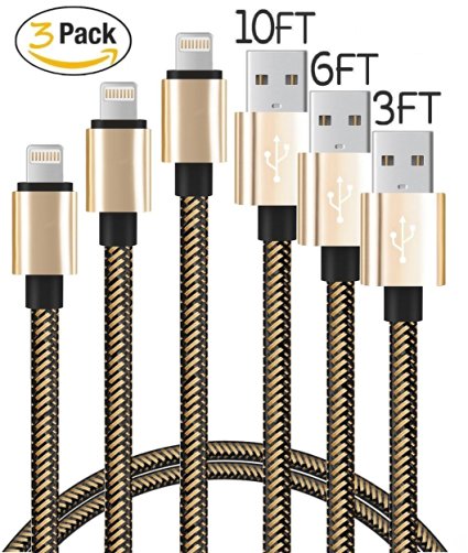 Lightning to USB Cable, 3Pack 3FT 6FT 10FT Nylon Braided iPhone Charging Cord iPad Charger for Apple iPhone SE/6/6S/Plus/5S/5/iPad Mini/Air/Pro/iPod, Compatible with iOS9 (Gold / Black)