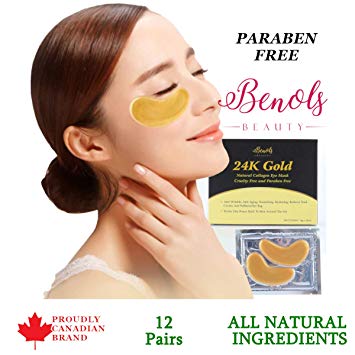 Benols Beauty 24K Gold Bio-Collagen Hydration Eye Mask (12 Pairs) - Power Crystal Under Eye Bags with Anti Ageing Collagen