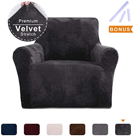 ACOMOPACK Stretch Premium Velvet Armchair Slipcovers, Spandex Dark Grey Chair Cover with Velvet Plush Fabric for Chair Cushion Couch, High-Stretch Armchair Cover and Couch Cover with Side Pocket