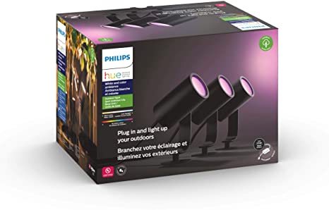 Philips Hue Lily White & Color Outdoor Spot Light Base kit (Hue Hub Required), 3 Spot Lights with Power Supply   Mount, Compatible with Alexa, HomeKit & Google Assistant , Black (New)