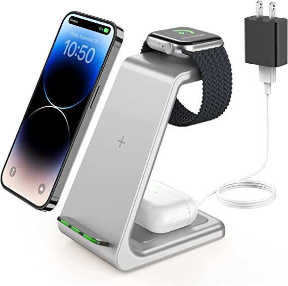 GEEKERA Wireless Charging Station, 3 in 1 Wireless Charger Stand for iPhone 14 Pro Max/14 Pro/14 Plus/14/13/12/11/X/8 Series, Apple Watch Ultra/SE/8/7/6/5/4/3/2, AirPods Pro/3, Samsung Qi Phones