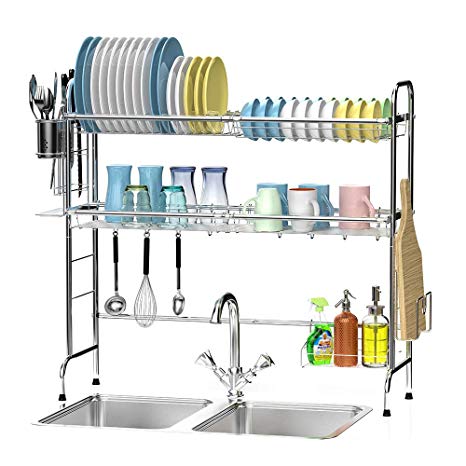Over The Sink Dish Drying Rack, Ace Teah 2 Tier Large Capacity Stainless Steel Dish Rack Over Sink with Utensil Holder Hooks for Kitchen Counter Top, Silver
