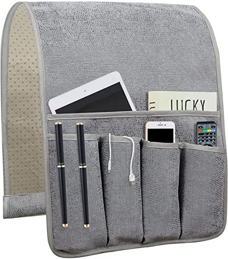 Sofa Armrest Organize remote holder bedside caddy organizer with 5 pockets，non-slip couch remote control holder couch armchair caddy accessories (35"x12.4", Grey)