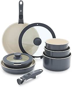 GreenLife Click 10-Piece Ceramic Nonstick Cookware Set, Detachable Handle, Stackable Space Saving Kitchen Essential, Non Toxic PFAS-Free Pots & Pans, Induction & Oven Safe, Glass Lid, Graphite