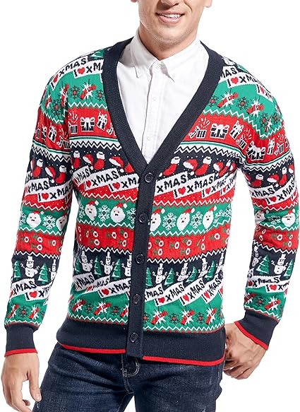 Men's Christmas Rudolph Reindeer Holiday Festive Knitted Sweater Cardigan Cute Ugly Pullover Jumper