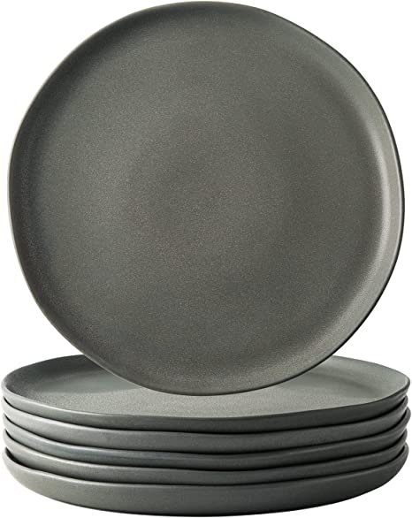 AmorArc Ceramic Dinner Plates Set of 6, Wavy Rim 10.5 Inch Stoneware Dish Set, Large Dinnerware Plates for Kitchen-Microwave&Dishwasher Safe, Scratch Resistant-Reactive Glaze Matte Grey