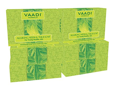 Neem Soap (Neem Tulsi Bar Soap) with Aloe Vera Extracts, Vitamin E and Tea Tree Oil - Handmade Herbal Soap (Aromatherapy) with 100% Pure Essential Oils - ALL Natural - Best Anti-aging Therapy - Each 2.65 Ounces - Pack of 6 (16 Ounces) - Vaadi Herbals