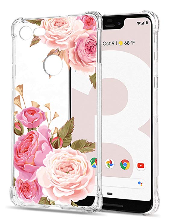 Floral Clear Google Pixel 3 XL Case for Women/Girls,GREATRULY Pretty Phone Case for Google Pixel 3 XL,Flower Design Transparent Slim Soft TPU Shockproof Bumper Cushion Silicone Cover Shell,FL-K