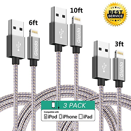 Glaida iPhone Lightning Charger Cable,3Pcs 3ft 6ft 10ft Extra Long Nylon Braided Lightning to High Speed Charging USB Cable Cord for iPhone7 Plus/7/6s Plus/6s/6 Plus/6,se/5s/5c/5,iPad,iPod(Gray Gold)