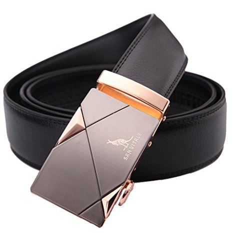 SAN VITALE Men's Solid Buckle with Automatic Ratchet Leather Belt 35mm Wide 1 3/8"