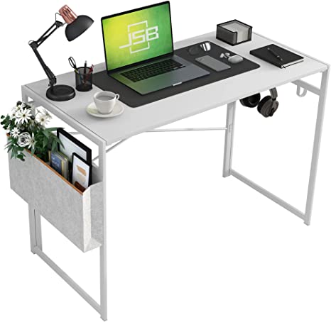 JSB 39.4" Small Folding Computer Desk with Storage Bag and Hook, Writing Desk Modern Industrial Work Table Laptop Desk for Home Office (All White)