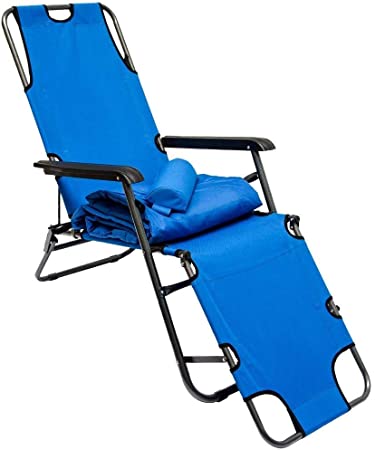 AMANKA Folding Sun Lounger | Foldable Deck Chair | Reclining Garden Chair | Sundeck with removable upholstery 178 cm   leg rest reclining back   headrest | Blue