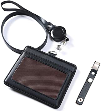 Black Leather Badge Holder, Viaky Horizontal 2 Card Pockets Genuine Leather Name Tag ID Card Holders with Retractable Reel Neck Strap & Detachable Metal Clips