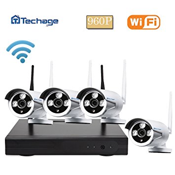 Techage 4CH Wireless/Wifi CCTV Security System Plug and Play 960P HD Outdoor Night Vision 1.3mp Camera IP Home Surveillance System, Without Hard Drive