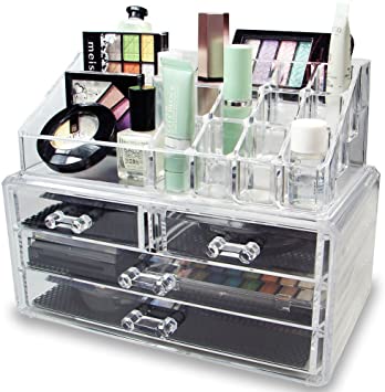 Arolly Makeup Cosmetic and Jewelry Organizer for Lipstick/Eyeshadow/Brushes Jewelry and More in One Place Storage Drawers, Clear, Medium, 2 Piece Set