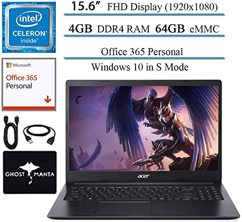 Newest Acer Aspire 1 15.6" FHD laptop business and student, Intel Celeron N4020(Up to 2.8 GHz), 4GB RAM, 64GB eMMC, Up to 10-Hours Battery Life, Microsoft 365 Personal, Win10 w/Ghost Manta Accessories