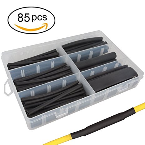 85 pcs 3:1 Dual Wall Adhesive Heat Shrink Tubing kit, 6 Sizes(DIA): 1/2", 3/8", 1/4", 3/16", 1/8", 3/32", Best Cable Sleeve Tube Assortment with Storage Case for DYI by MILAPEAK (Black)