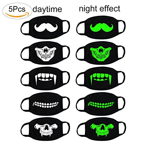 Fomei 5 Pack Cool Luminous Teeth Pattern Unisex Cotton Blend Anti Dust Face Mouth Mask Black for Man Woman