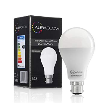 AURAGLOW Super Bright 16w LED B22 Bayonet Light Bulb, Cool White, 6500K -1521 Lumens - 100w EQV - Dimmable