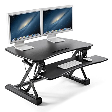 35" Wide Standing Desk, iKross Height Adjustable Sit to Stand Up Computer Desk Riser with Gas Spring Lift and Removable Keyboard Tray Platform - Black