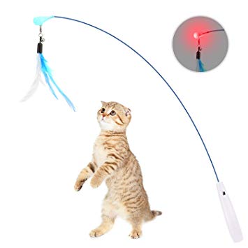 PAWABOO Feather Teaser Cat Toy, Interactive Feather Wand Cat Toy Flying Feather Cat Catcher with Extra Long Wand and Small Bell, Fun Exerciser Playing Toy for Kitten or cat.