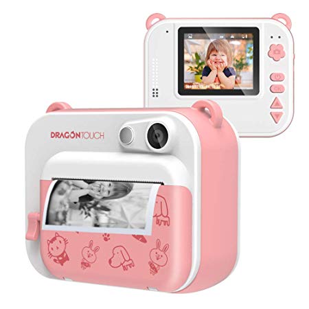 Dragon Touch InstantFun Instant Print Camera for Kids, Zero Ink Toy Camera with Print Paper, Cartoon Sticker, Color Pencils, Portable Digital Creative Print Camera for Boys and Girls - Pink