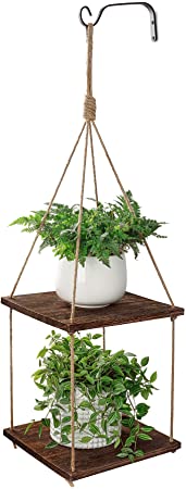 POTEY Hanging Plant Shelf 2 Tier Wood Planter Hanger Pot Holder with Jute Indoor Brown Rustic Decorative Wooden Flower Rack Succulents Shelves Outdoor for Home Window Patio Kitchen Bathroom Porch