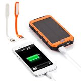 10000mAh Solar Battery PanelOrange Dual USB Port Portable Charger Backup External Battery Pack Power Bank for iPhone 665S 5C 5 4S 4 iPad Air Mini Samsung Galaxy S6S5 S4 S3 Note 432 Android Smartphone and Tablets ect Two Mini USB LED Light for Free