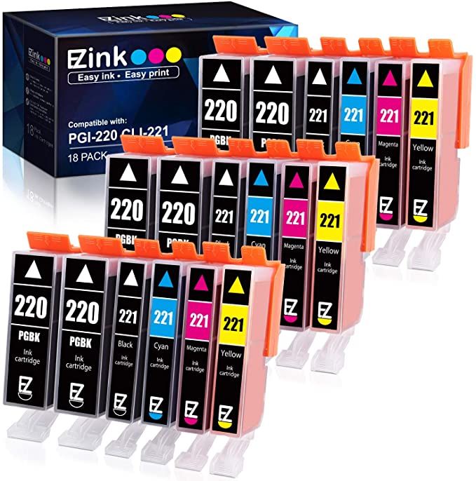 E-Z Ink (TM) Compatible Ink Cartridge Replacement for Canon PGI-220 PGI220 CLI-221 CLI221 to use with PIXMA MX860 MX870 MP980 MP990 (6 Large Black, 3 Cyan, 3 Magenta, 3 Yellow, 3 Small Black) 18 Pack