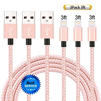 iPhone Cable SGIN 3-PACK 3FT Nylon Braided Lightning to USB Charger - Syncing and Charging Cord for Apple iPhone 7, 7 Plus, 6s, 6s , 6, SE, 5s, 5c, 5, iPad Mini, Air, iPod (Rose & Gold)