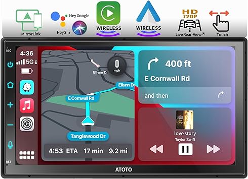 ATOTO F7WE 7inch Double DIN Car Stereo, Wireless CarPlay, Wireless Android Auto, HD Touchscreen Head Unit with Bluetooth, GPS Navi, FM/AM, MirrorLink, HD Live Rearview, Voice Control, F7G2B7WE