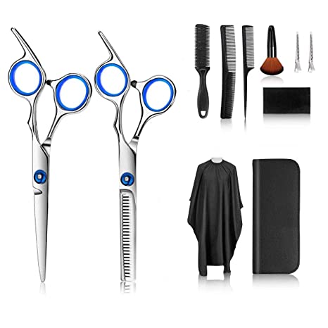 COSOON Professional Hair Cutting Scissors Set, 10 PCS Hairdressing Haircut Kit with Hair Cutting Scissors, Thinning Shears, Hair Razor Comb, Clips, Cape for Home, Salon, Barber, Pet Grooming