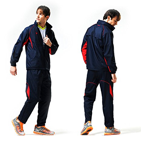 Fuerza Mens Track Jacket Pants Built In Hood Woven Tracksuit (Navy/Red)