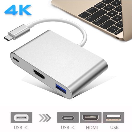 M.Way 3in1 Multiport Adapter USB 3.1 Type C to HDMI Charger Adapter USB Hub Support 4K for TV New Macbook 12 Inch Laptop Google New Chromebook Pixel and Other USB Type C Supported Devices
