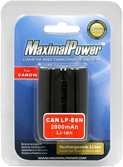 MaximalPower Replacement Battery for Canon, Compatible with Canon 60D, 70D, 80D, 5DS R, 5D Mark II III IV, 6D, 7D, C700, XC15, Black, 1 Pack, (DB CAN LP-E6N)