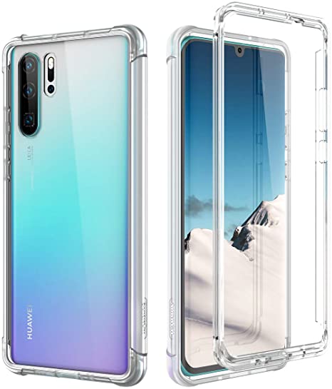 SURITCH Case for Huawei P30 Pro,[Built-in Screen Protector] Marble Shockproof Rugged 360 Full Body Bumper Protective Cover (Transparent)