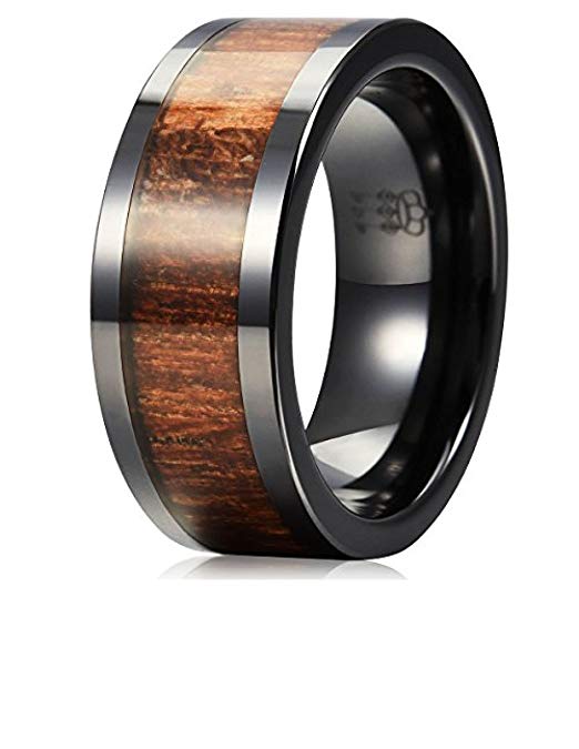 Three Keys Jewelry 8MM 6MM Black Ceramic Wedding Ring with Koa Wood Inlay Flat Wedding Band Ring