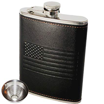 American Flag Flask - Soft Touch Cover and Durable Construction | 18/8 304 Food Grade Stainless Steel | Leak Proof Slim Profile Classic American Flag Design | Funnel Included | Black | For Alcohol