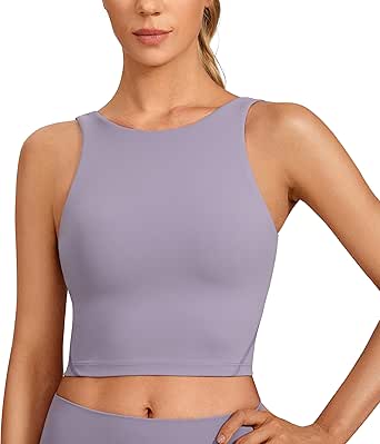 CRZ YOGA Womens High Neck Longline U Back Padded Crop Workout Tank Top Sports Bra