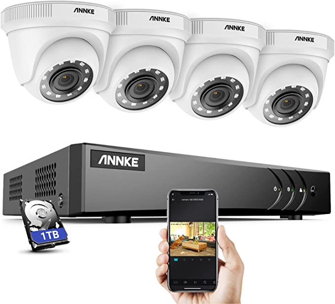 ANNKE 8 Canali Kit sorveglianza Sistema，H.265  5MP DVR con HDD 1TB e 4 telecamere di sorveglianza standard, Visione Notturna, Accesso Remoto,Registrazione intelligente della copertura