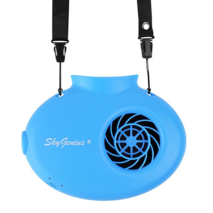 SkyGenius Battery Operated Necklace Fan, Mini Portable USB Rechargeable Fan for Personal Cooling, Kids, Gift, Camping, Outdoor Event, Travel, Concerts, Church, Hot Flash (2018 New Version, Blue)