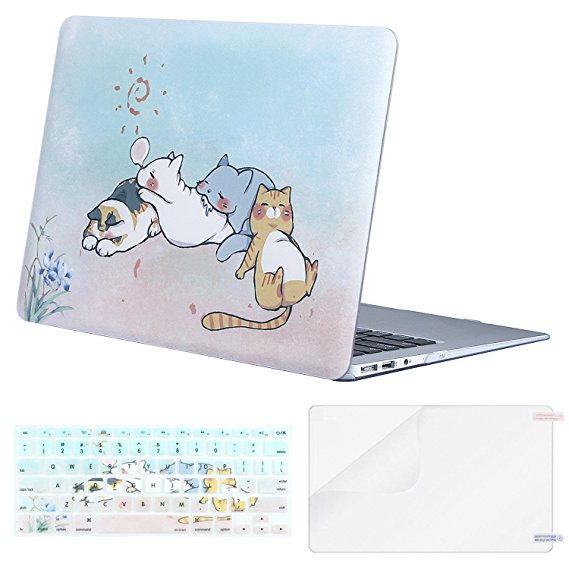 Mosiso Plastic Pattern Hard Case with Keyboard Cover with Screen Protector for MacBook Air 13 Inch (Model: A1369 and A1466), Cute Cartoon Cat