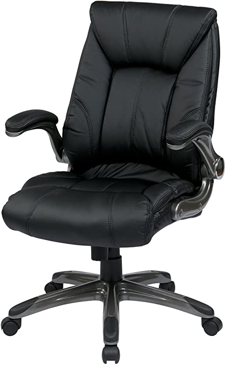 Office Star Faux Leather Seat and Mid Back Executive Chair with Padded Flip Arms and Titanium Finish Accents, Black