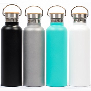 Pure Flask Insulated Water Bottle for Sport Hydration 750ml (25oz) and 500ml (17oz) Stainless Steel Water Bottle BPA Free, Durable Paint with Wide Mouth Swivel Handle and Bamboo on Top