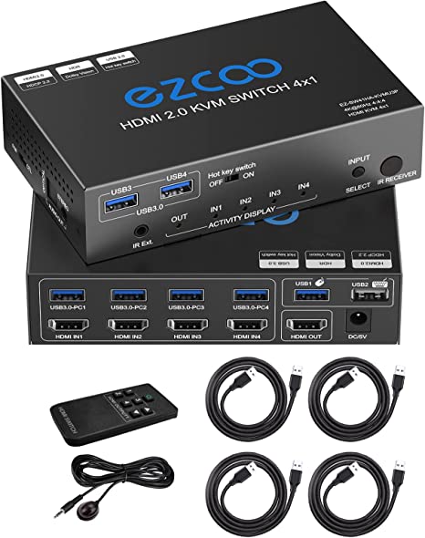 USB 3.0 KVM Switch HDMI 4 Computer 1 Monitor 4K 60Hz SPDIF L/R Hotkey EDID- Share one Set of Keyboard Mouse Printer,1080p 120Hz 144Hz HDCP Bypass,4X USB3.0 Cable,IR Remote Ext. Windows Mac 41KVMP